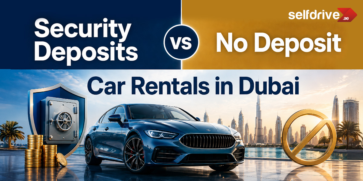 Promotional image for car rentals in Dubai by selfdrive.ae. A sleek blue car is in the foreground with Dubai's skyline in the background. The text 'Security Deposits vs No Deposit' is displayed above, contrasting options. A shield with coins symbolizes deposits on the left, while a no-sign represents no deposit on the right. The tone is modern and inviting.
